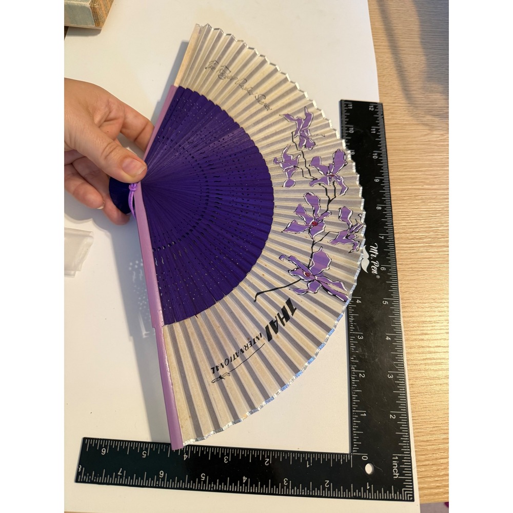 Vintage Thai Airways International Royal Orchid Service Folding Hand Fan Purple